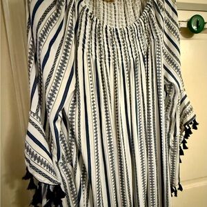 Studio West White and Blue Smocked Blouse